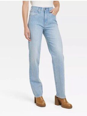 Universal Thread 90s Straight Jeans 10 Long High Rise Embellished Light Wash